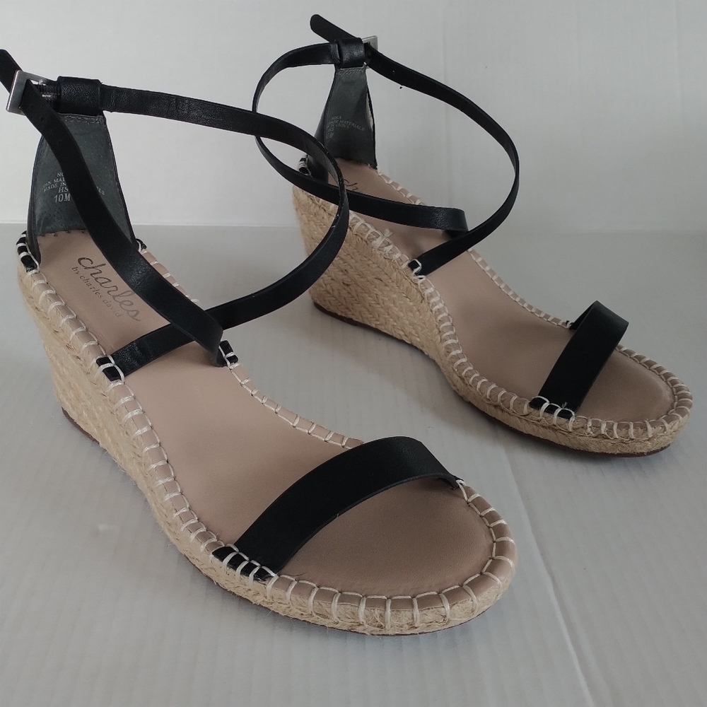 Charles by Charles David. Black Natural Nola Wedge Sandals 10M - Picture 2 of 12